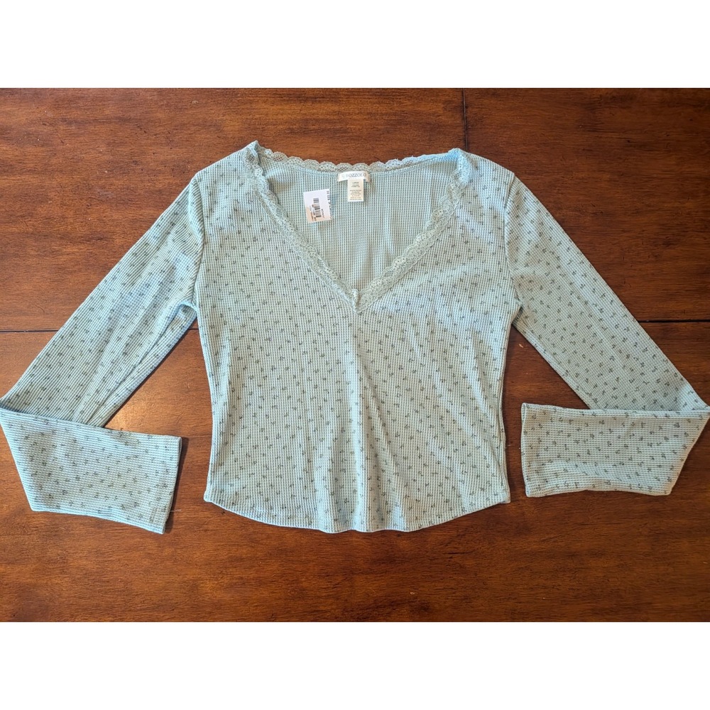 Bozzolo Mint Green Floral Waffle Knit Lace Trim V-Neck Cropped Top Large NEW